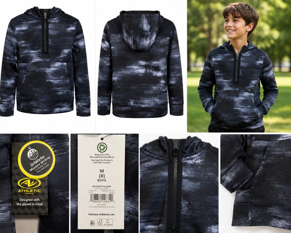 Athletic Works Boys Fleece Pullover Hoodie – Size Medium (8) – Black/Gray Print